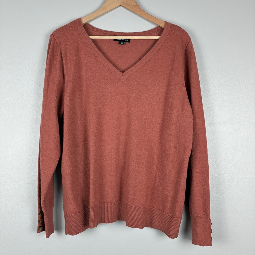 Fortune‎ Ivy Womens V Neck Sweater Rust Button Cuff Knit Top Modern Boho Cozy